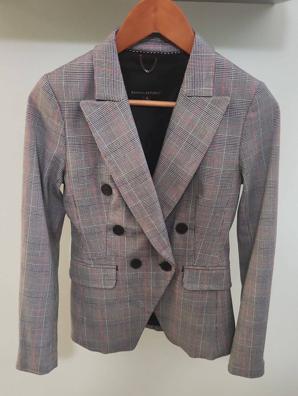 Banana Republic Gray Glen Plaid Double-Breasted Blazer with Pink Windowpane